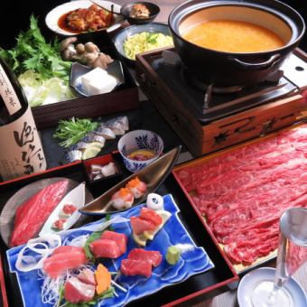 【花阵套餐】*无限畅饮120分钟“和牛涮锅配真金枪鱼多摩盒”⇒6000日元（含税）