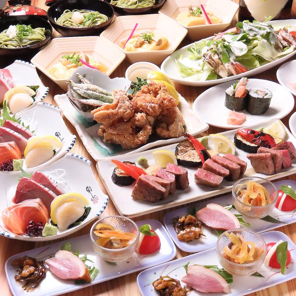 90分飲放題付【各種ご宴会に◎】ジューシーな国産牛ステーキや刺身3種盛り等全14品5500円(税込)