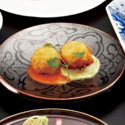 Fried spiny lobster cream croquette and scallops