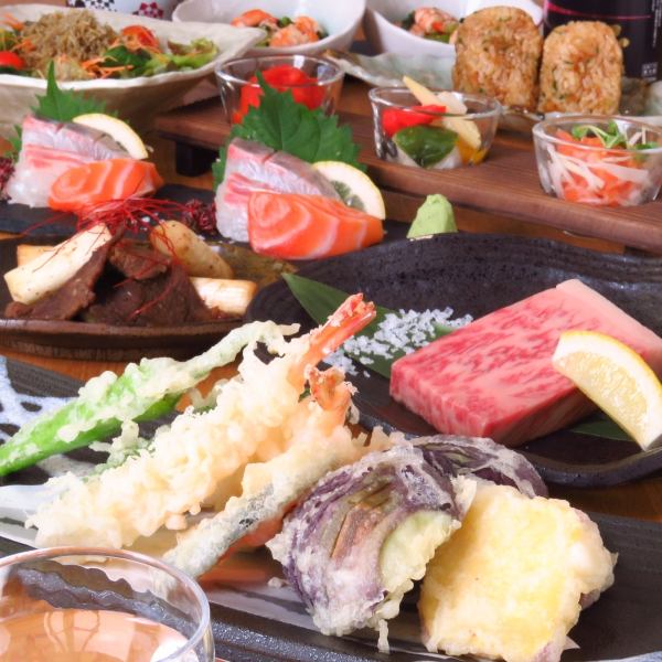 [Japanese black beef steak, 2 types of sashimi, freshly fried tempura, etc.] 8 carefully selected courses of Seribe 5000 yen (tax included)