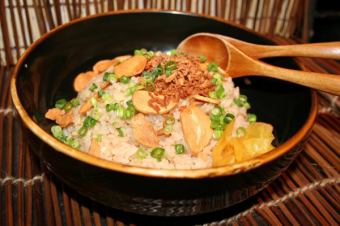 "Japanese style garlic rice with whitebait and takana"
