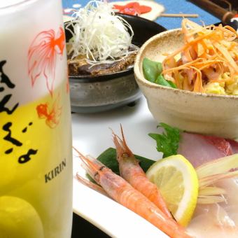 Available on the same day on weekdays! "Kingyo Kaiun Set" includes 2 dishes including 5 pieces of sashimi, 90 minutes all-you-can-drink 3,000 yen → 2,700 yen