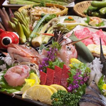 <3.4.5> [4 pieces of seasonal fish sashimi/9 dishes including seared red chicken] 2H → 2.5H all-you-can-drink + 9 dishes 5000 yen