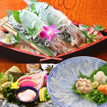 なんと!飲み放題時間無制限付き 【かわはぎ亭コース上¥6,000】⇒活イカ&活かわはぎ