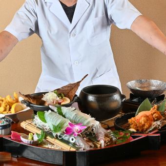 なんと！飲み放題時間無制限付き 【かわはぎ亭コース特￥8,000】⇒豪華大漁盛りと牛ステーキ 