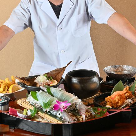 なんと!飲み放題時間無制限付き 【かわはぎ亭コース特¥8,000】⇒豪華大漁盛りと牛ステーキ