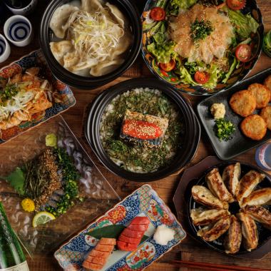 烤鲭鱼鳕鱼子煲仔饭和九州特色菜【博多享乐套餐】共9道菜,2.5小时无限畅饮(含生啤)6,000日元