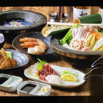 A course that includes a stone pot where you can enjoy horse sashimi to your heart's content! A total of 6 dishes including noodles and dessert ⇒ 7,700 yen (tax included)