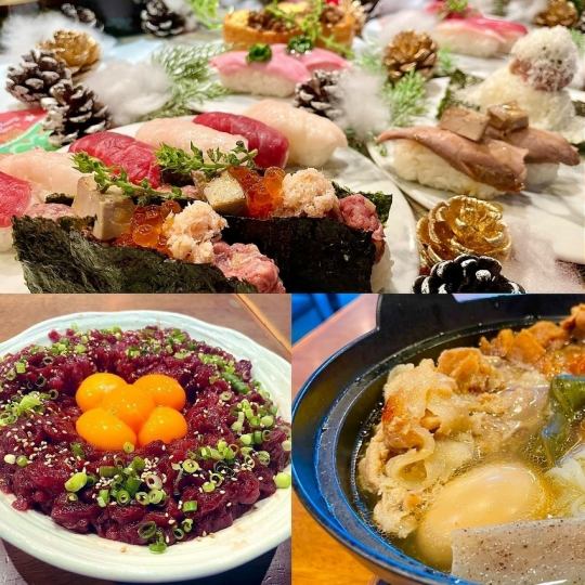 【年末派对】包含人气什锦饭、特色肉关东煮、6件肉寿司等7道菜，以及2小时畅饮，仅需3980日元