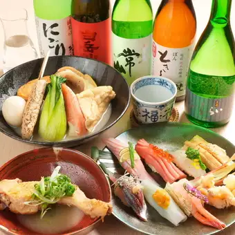 【包含 2 小时畅饮】“梅子套餐”包含 6 道菜，包括寿司拼盘，价格为 7700 日元（含税）。