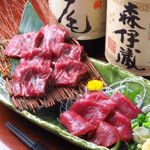 You can also enjoy unusual [wild game dishes] such as horse meat, whale, ostrich sashimi, and deer sashimi.