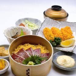 Yellowtail sesame bento box and fried oysters