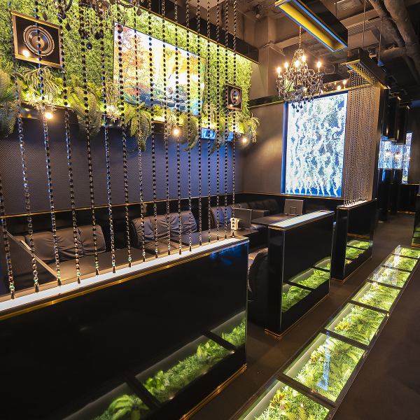 きらびやかなアクアリウムが揺らめき、壁面には鮮やかな緑が広がる。店名の通り「水と森」をテーマにした店内は、都会の喧騒を忘れさせる神秘的な空気に満ちています。シックな色調でまとめられたインテリアが、大人のラグジュアリーな夜を演出。日常を離れ、幻想的な世界観の中でゆっくりとお酒やお食事をご堪能ください。