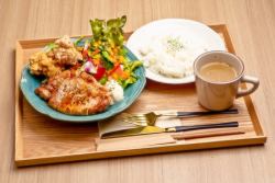 Pork steak and fried chicken plate