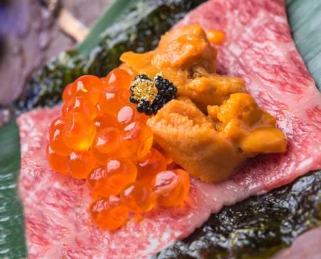 Wagyu beef sea urchin and salmon roe wrap