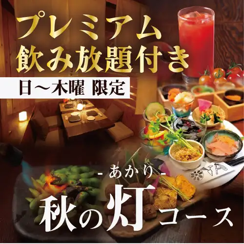 【11月末まで】日~木限定秋野菜と串焼き付き【灯-あかり-コース】飲み放題付4000円