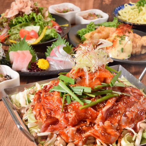 【贅沢コース】近海鮮魚4種盛にメインは博多明太もつ焼き鉄板!! 3時間飲み放題付 8品 5000円