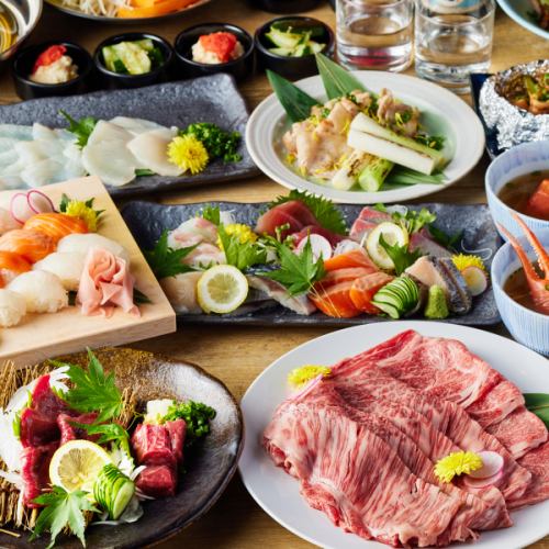 【일품 코스】맛집집!!센다이 쇠고기 스키야키 냄비에 계절 야채의 튀김 3시간 음료 무제한 포함 9품 8000엔