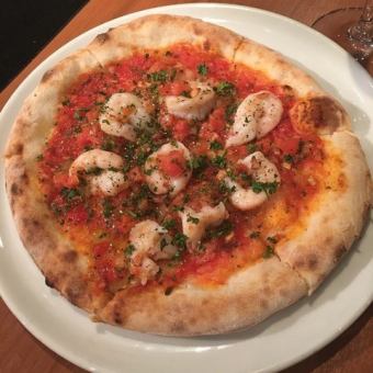 << pizza without cheese >> pizza with shrimp and fresh tomato