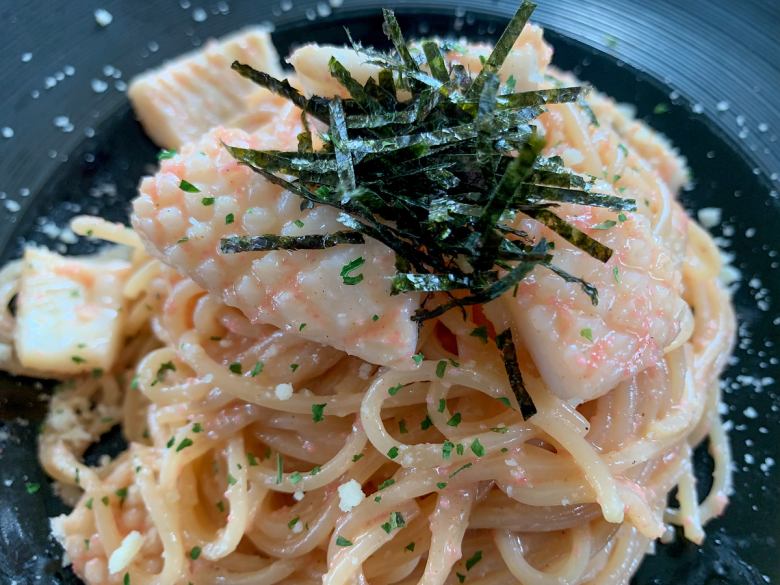 Japanese-style pasta with squid and mentaiko