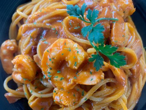 Rich tomato cream pasta with shrimp