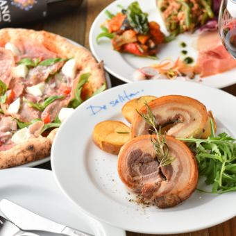 【全7品+3時間飲み放題】20:00-レイトロングコース★窯焼きピザやブランドチキンを堪能プラン