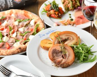 【全7品+3時間飲み放題】20:00-レイトロングコース★窯焼きピザやブランドチキンを堪能プラン