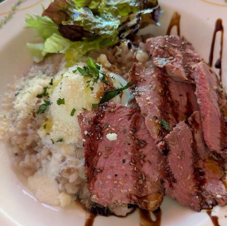 Roast beef and soft-boiled egg cheese risotto