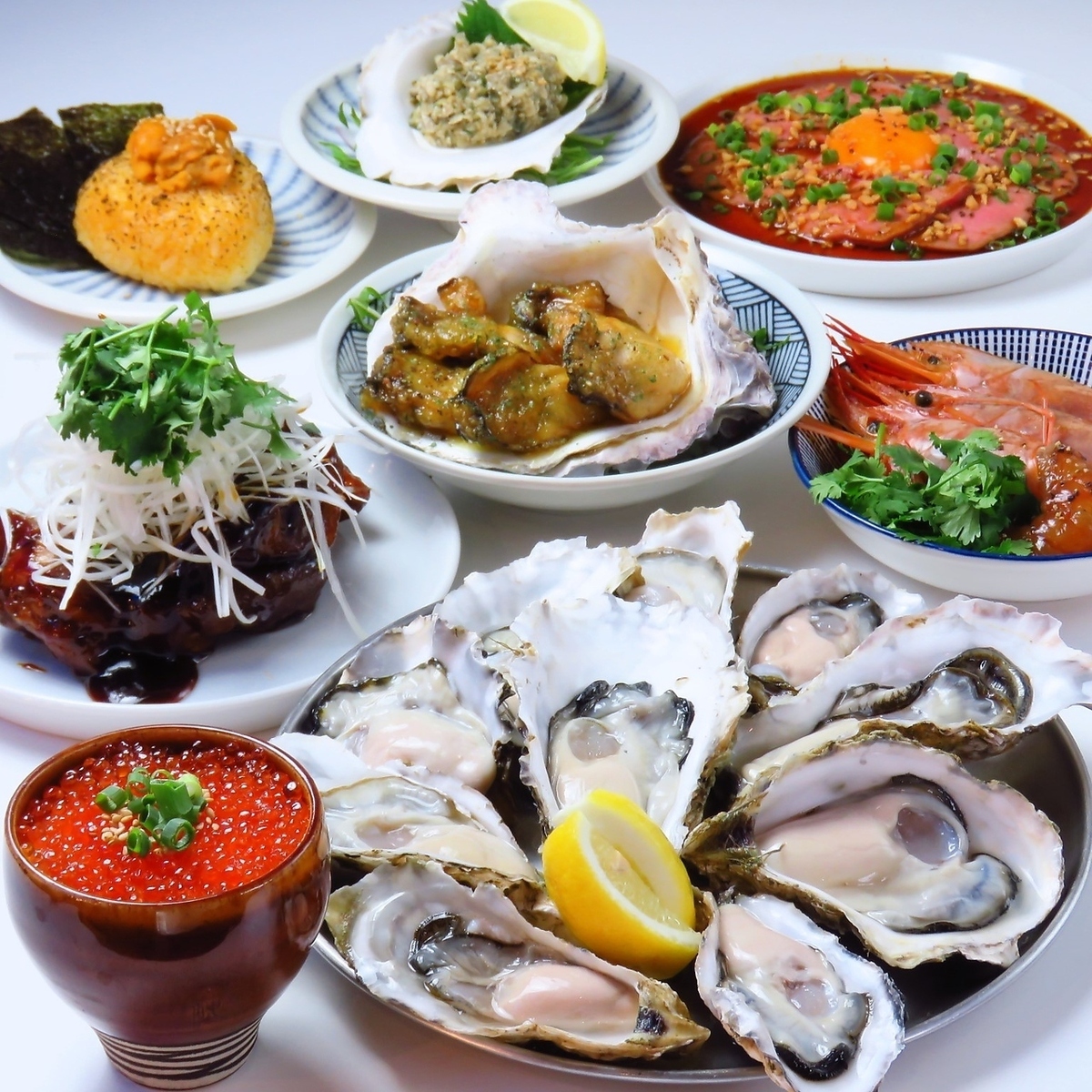 Enjoy all-you-can-drink shochu and over 50 types of sours from taps at every table, fresh oysters directly from the source, and over 90 kinds of dishes!