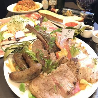 【肉盛り大皿コース】鶏・牛・豚の肉盛り大皿やボロネーゼなど全5品料理のみ6800円(税込)