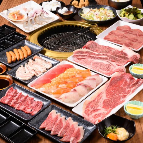 [Enjoy your fill of Yakiniku, seafood, and Kiraku's sushi that YA Kiraku is proud of ★] Ki course 4,480 yen per person (tax included)