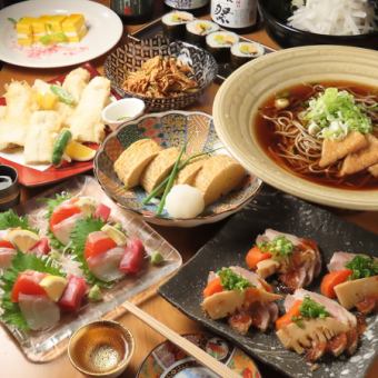 豚肉のロースト＆アナゴの天ぷら　〆にきつね蕎麦付コース　☆　120分飲み放題付5000円（税込）