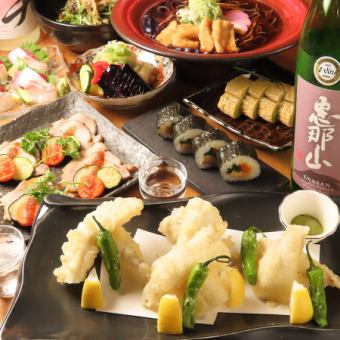 豚肉のロースト＆アナゴの天ぷら 〆には冷たいきつね蕎麦付き☆ 120分飲み放題付5,000円（税込）