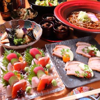 豚バラ肉塩こうじ焼き&白身の揚げ出し〆にはかけ蕎麦がついて☆120分飲み放題付4,500円(税込)