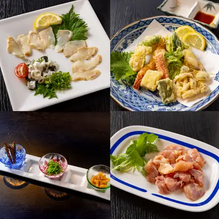 [Kawaramachi] 京都风味火锅怀石料理，配新鲜炸天妇罗和炙烤河豚刺身，以及您选择的秘制汤底（和和牛大腿）。