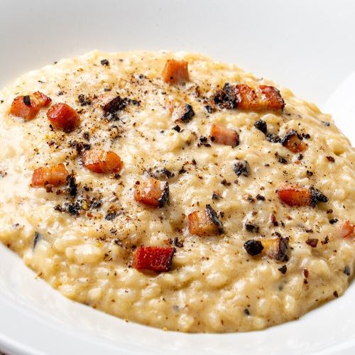 Carbo Risotto with "Farmer's Bacon" and Black Truffles