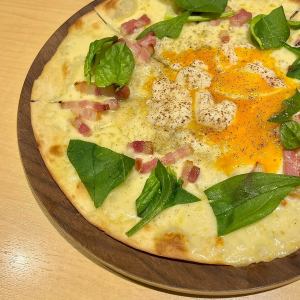 Soft-boiled egg, bacon, and spinach