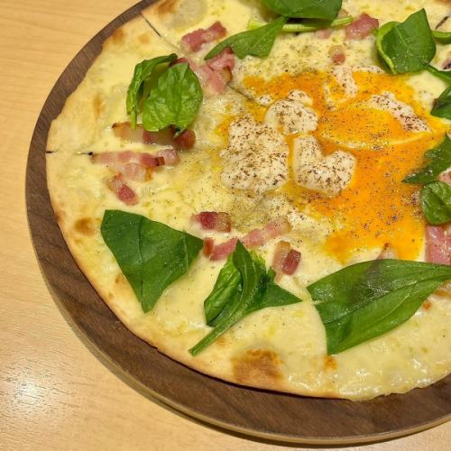 Soft-boiled egg, bacon, and spinach