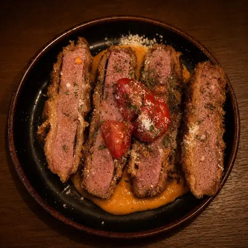 Thick-cut ham cutlet with shrimp and tomato sauce