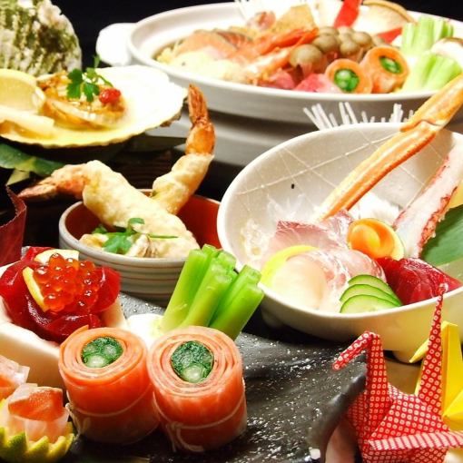 【豪华套餐】薄鳎鱼、牛里脊肉、顶级握寿司等～8道菜合计6,000日元，附赠90分钟无限畅饮～