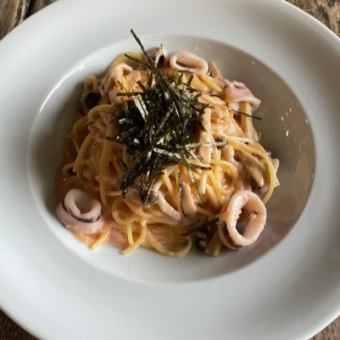 Squid and mushroom pasta with flying fish stock and mentaiko