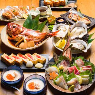 【海鮮套餐】☆7道菜：5,500日圓（含稅）☆可以吃到生牡蠣、生魚片拼盤、豪華的海鮮散壽司