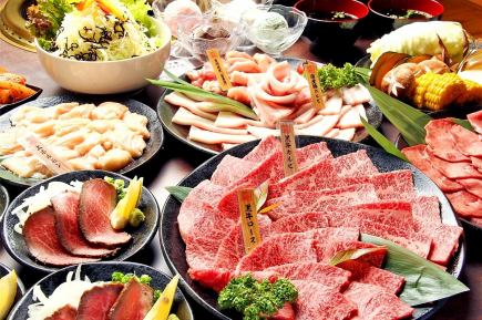 包括最高级的A5级牛排和烤牛肉寿司在内的14种豪华菜肴...[严选黑毛和牛烤肉套餐] 4000日元