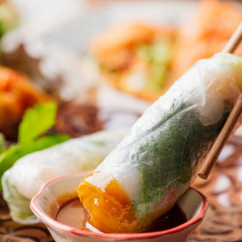 1 shrimp and pork spring roll with Hanoi-style peanut miso sauce