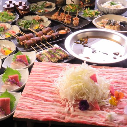 [Jomonsan Course] 120 minutes all-you-can-drink + sukiyaki skewers + pork shabu-shabu and 9 other side dishes! 6,000 yen