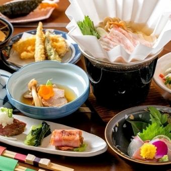 南禅会席コース『桜』季節の前菜,特撰お造 黒毛和牛,あわび,天婦羅,焼き物,,蒸物全11品.