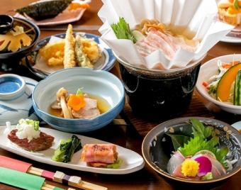 南禅会席コース『桜』季節の前菜,特撰お造 黒毛和牛,あわび,天婦羅,焼き物,,蒸物全11品.