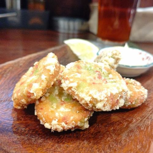 Crispy fried pickled ginger and edamame