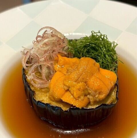 雲丹と賀茂茄子のしぎ焼き（Miso-Grilled Kamo Eggplant with Sea Urchin）