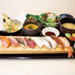 12-piece Nigiri Sushi Set 3,388 yen 12 pieces of sushi, tempura, steamed egg custard, salad, small side dish, miso soup, dessert (food only)